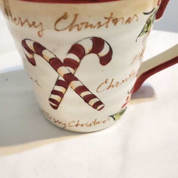 Christms Mug Candy Canes Pointsetta Gold MerryChristmas Red Rim Trim 4.75"H 4.5W - Picture 3 of 7